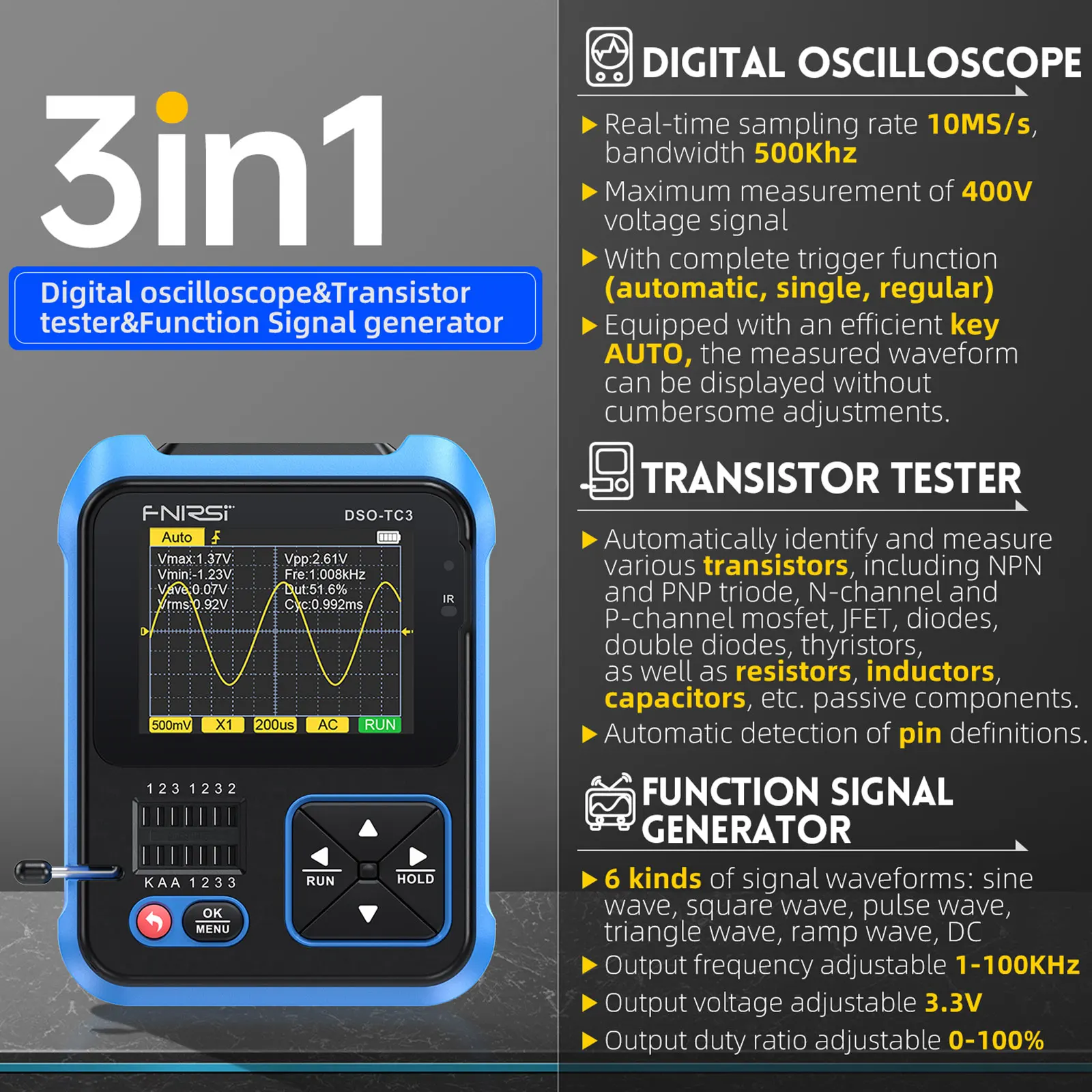 

FNIRSI DSO-TC3/DSO-TC2 Digital Oscilloscope Transistor Tester Signal Generator 3 in 1 Multifunction Electronic Component Tester