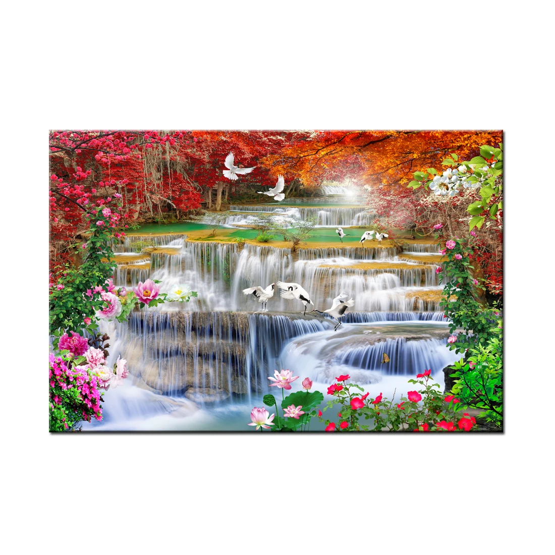 

Natural Forest Waterfall Landscape Painting HD Posters Prints Flowers Picture Wall Art Canvas Living Room Home Decor HYS1079