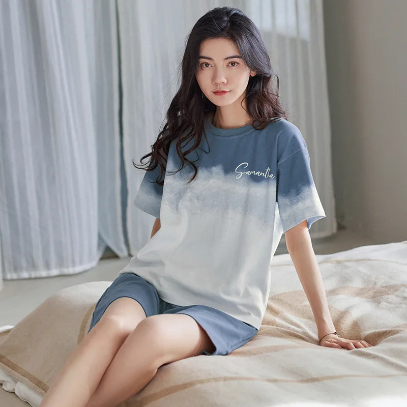 2023 New Gradient Color Cotton Women's Homewear Pajamas Nightgown Short Sleeves & Pants Sleepwear Sets Loose Comfortable Suit