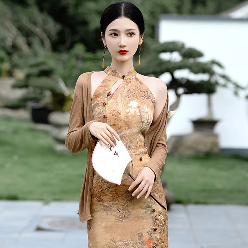 

Young Girl Cheongsam Dress Shawl Chinese Style Improved Modern Sexy Qipao Sleeveless Vintage Dresses Women Elegance