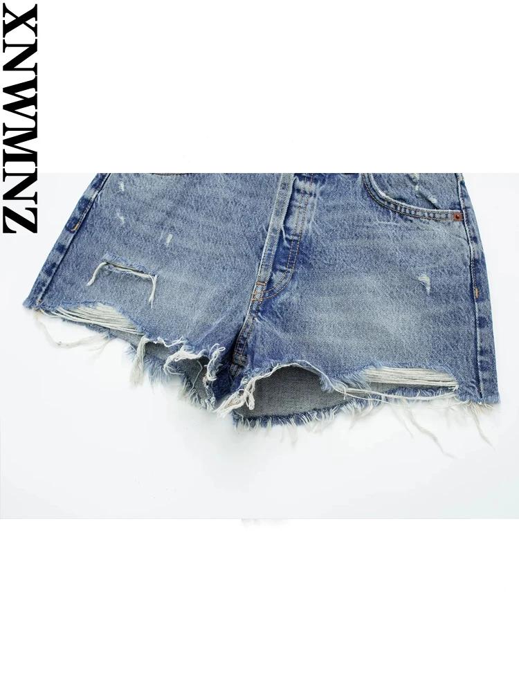 XNWMNZ Women's Fashion 2023 Bermuda High Waist Denim Shorts Woman Vintage Button Frayed Hem Ripped Female Shorts