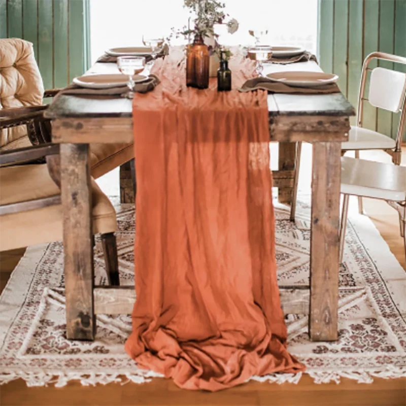 

Popular Wedding Table Runner Party Baby Shower Decoration Cotton Gold Blush Cheesecloth Gauze Table Cloth Decoration Mariage