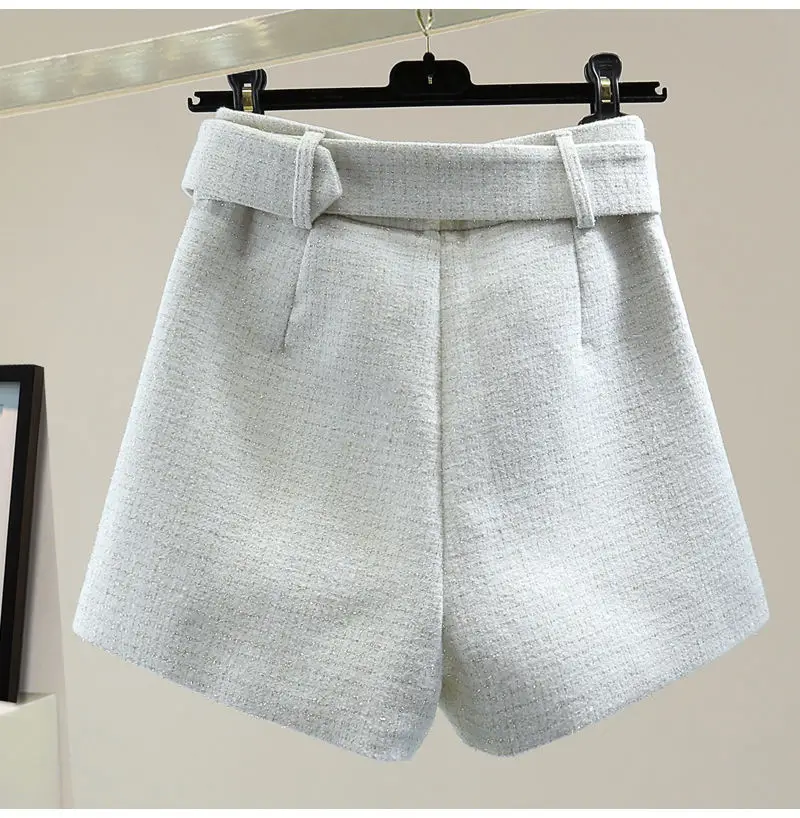 Retro Small Fragrance Wide Leg Wool Shorts Women Winter High Waist Bright Silk A-line With Belt