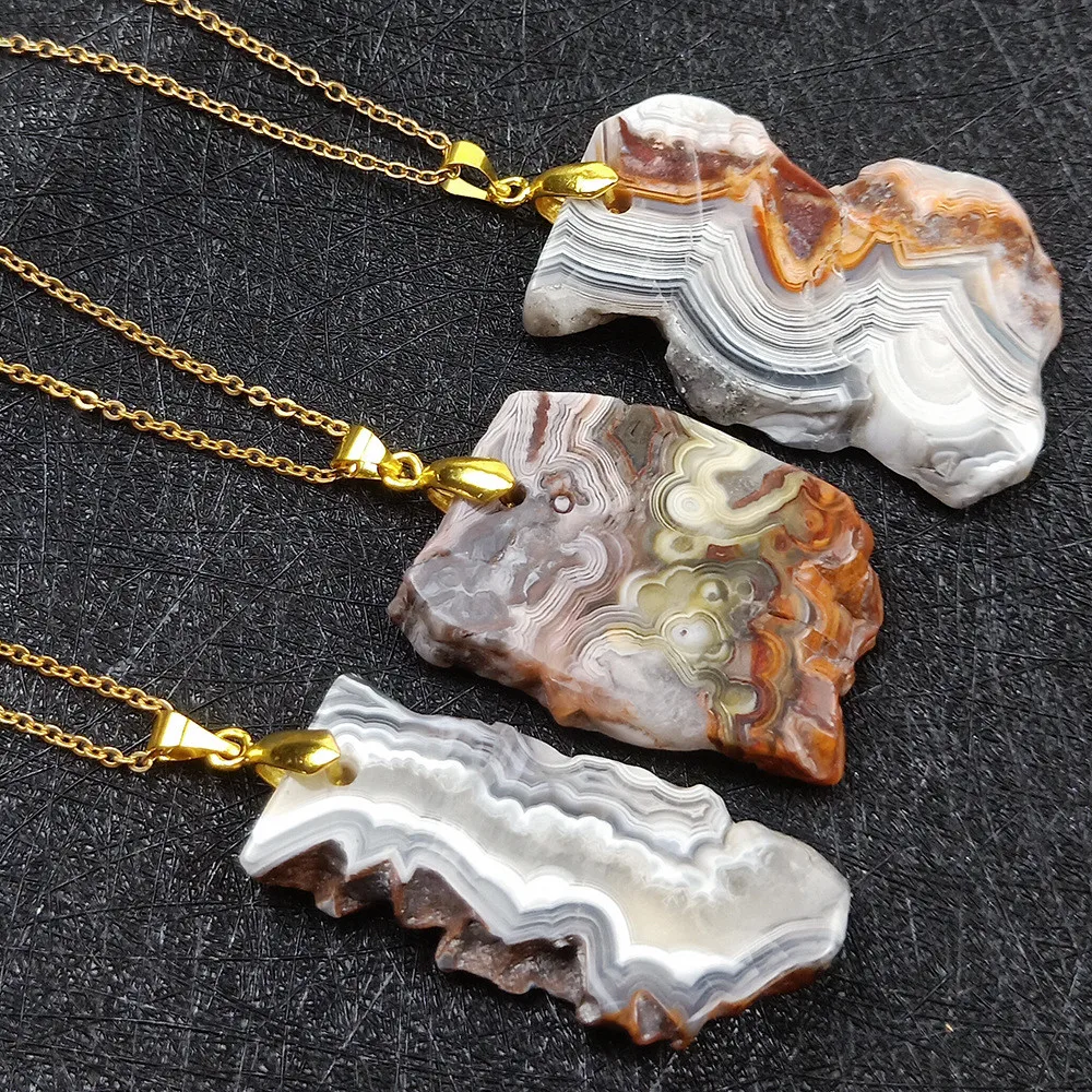 

Natural Carved Folk Crafts Mexican Agate Slice Pendant Crystal Precious Stones Necklace For Home Decoration