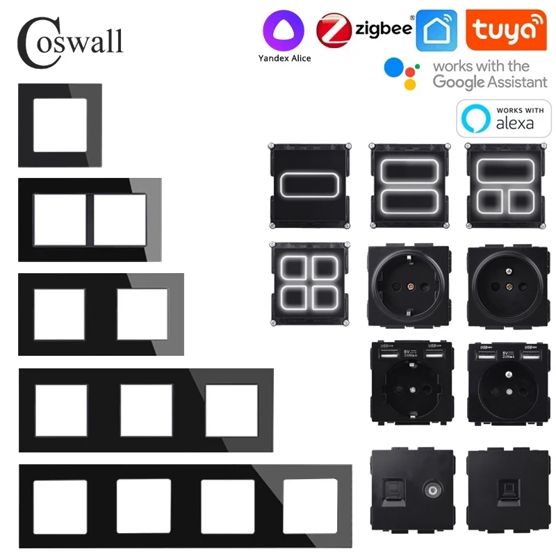 

COSWALL черная стеклянная панель Zigbee 3,0 Tuya 1/2/3/4 кнопочный переключатель с обычной Европейской розеткой USB зарядное устройство ТВ RJ45 модули сдел...