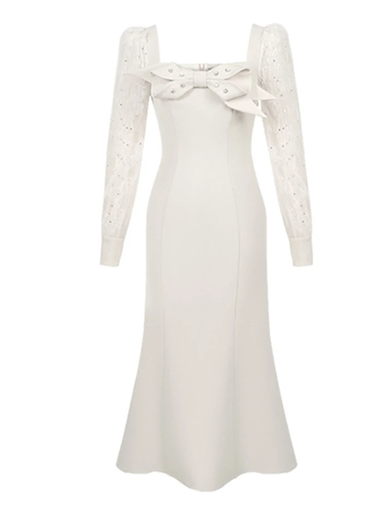 Autumn Fashion Casual Sweet Bow Square Collar Fishtail Long Dress Women Clothes Elegant Lace Sleeve Slim Robe Party Vestido