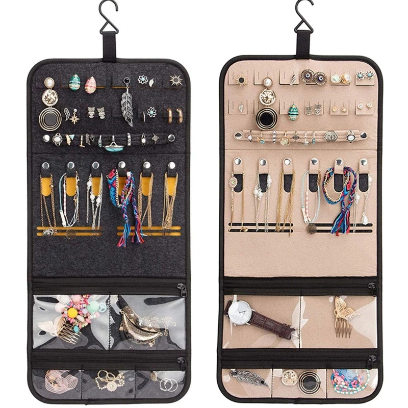 

Double Sided Closet Storage Bag Necklace Bracelet Ring Display Holder Hanging Jewelry Organizer Pockets Earring Holder Display