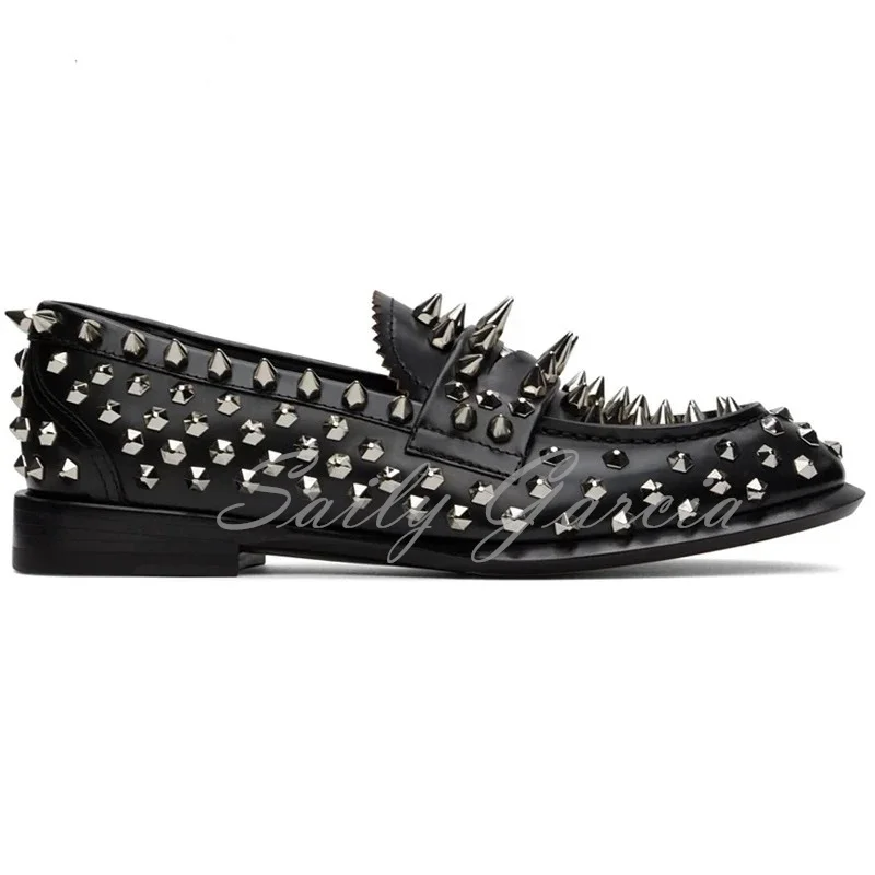 

Handmade Studs Spike Genuine Leather Black Loafers Men Round Toe Rivets Slip On Comfortable Newest Fashion Party Dress Shoes