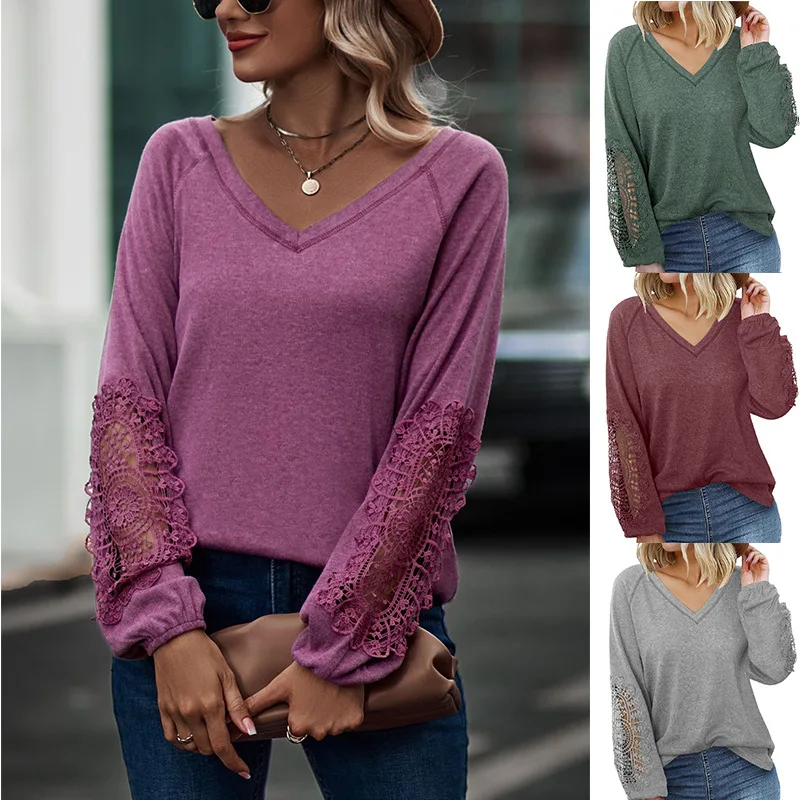 

Casual V-Neck Lace Long Sleeve T-Shirt Hollow Stitching Autumn Loose Cotton Women Tshirts Basic Tee Shirts Female Clothing 23513