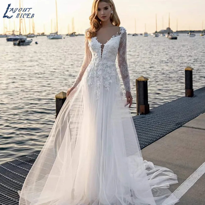 

LAYOUT NICEB Sexy Mermaid Wedding Dresses Lace With Embroidery Elegant Long Sleeves Bride Gowns
