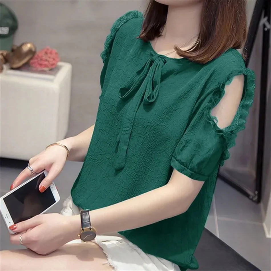 

Блузка женская из вискозы с бантом, элегантная ажурная рубашка с коротким рукавом, модная одежда, топы