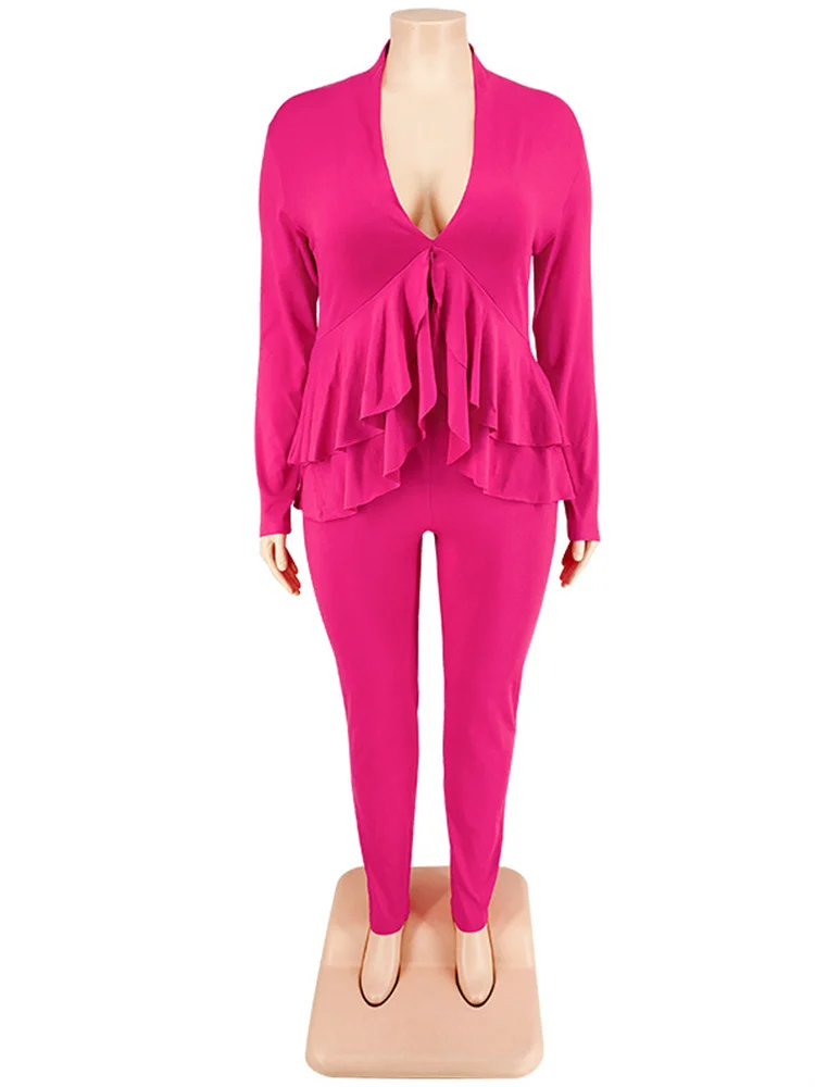 Plus Size Two Piece Outfits Women v Neck Ruffles Hem Top Leggings Sets Solid Stretch Tracksuit Wholesa 3xl 4xl 5xl 6xl