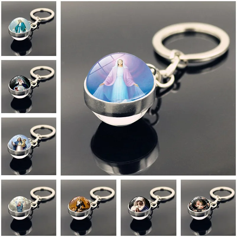 

Blessed Virgin Mary Mother of Baby Jesus Luminous Keychain Double Side Glass Ball Keyring Catholic Christian Key Chain Holder