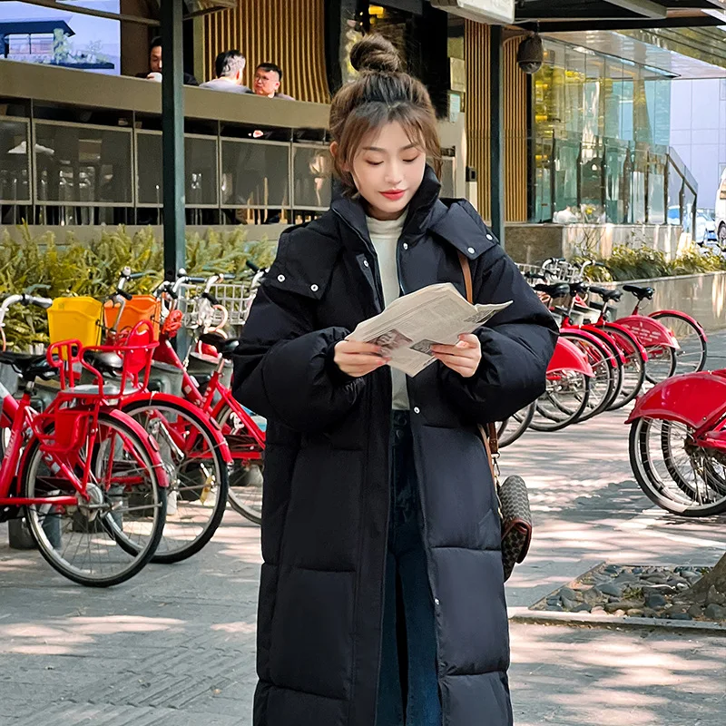Women Winter Korean Fashion X-Long Jacket Solid Color Hooded Thicken Warm Female Snow Wear Coat Padded Loose Clothes 2022