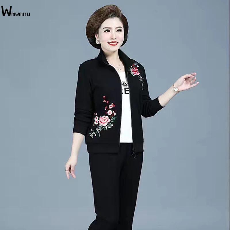 

Mom Floral Embroidery Slim Elegant Women 3 Piece Set Long Zipper Coat +Shorts Sleeve Tops+Straight Pants Casual Joggers Outfits