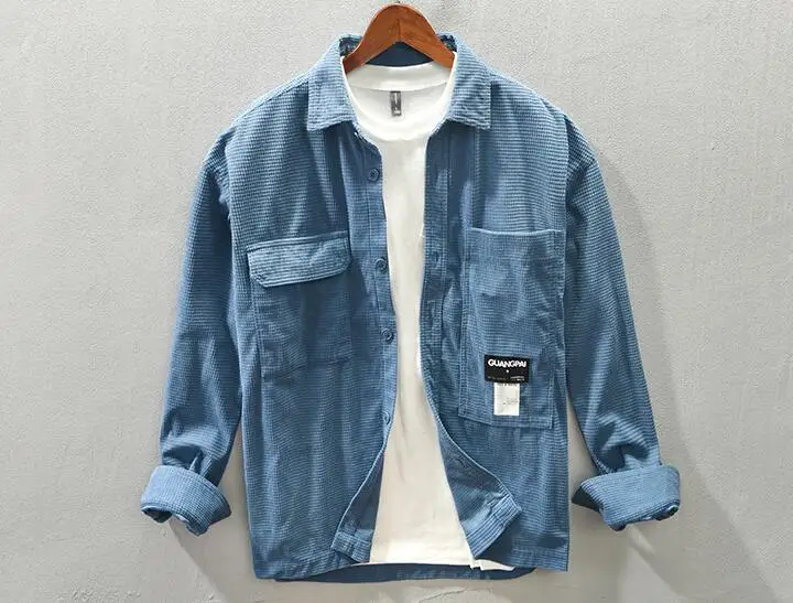 Men's Outerwear Shirts Spring and Autumn Men's Corduroy Shirts Long Sleeve Lapel Shirts Irregular Pockets