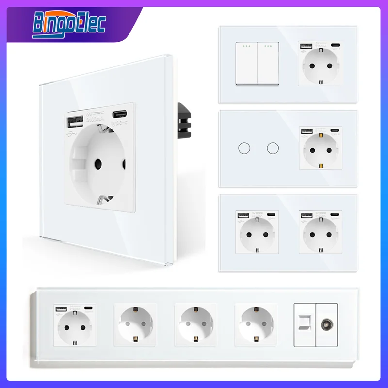 

Wall Socket with USB Type C Interruptor and Outlet with TV Internet CAT6 interface EU Standard white Crystal Glass Light Switch