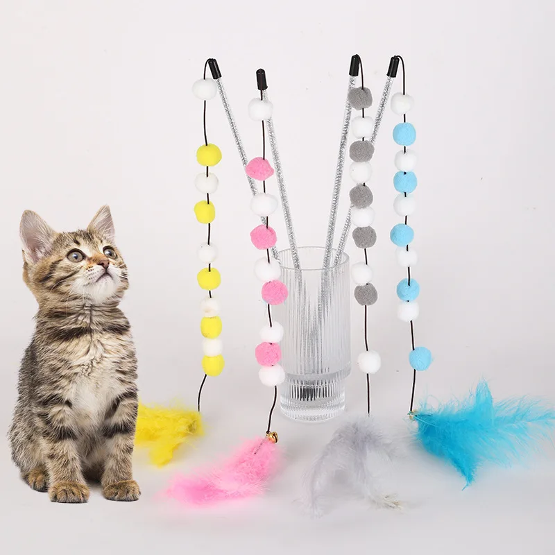 

Pompom Cat Toys 1pcs Interactive Stick Feather Toys Kitten Teasing Durable Playing Plush Ball Pet Supplies For Cat Exercise