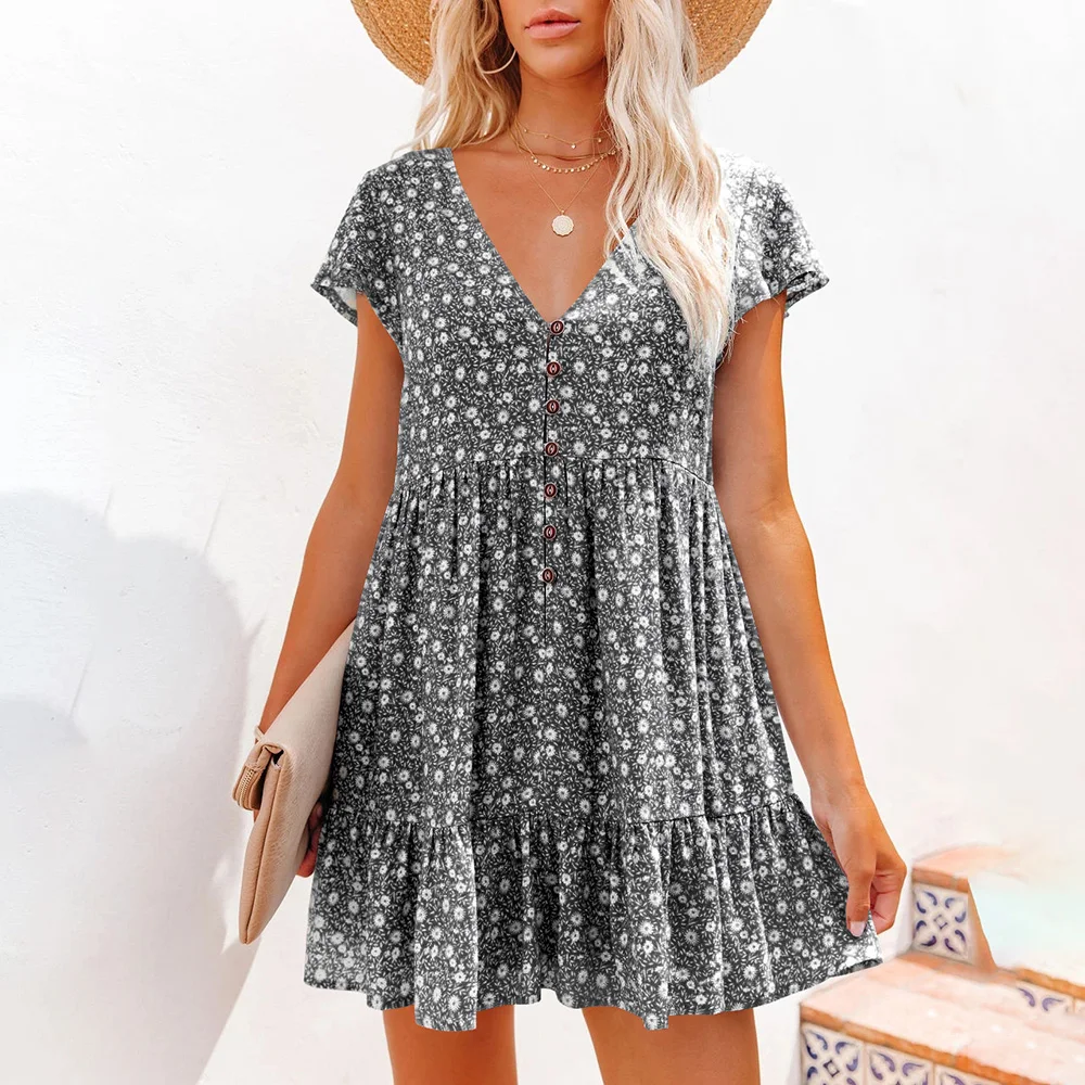 

Summer 2022 Women's Boho Floral Mini Dress Sexy V-neck Short Sleeve Casual Loose Chiffon Dresses Fashion Ruffles Woman Sundress
