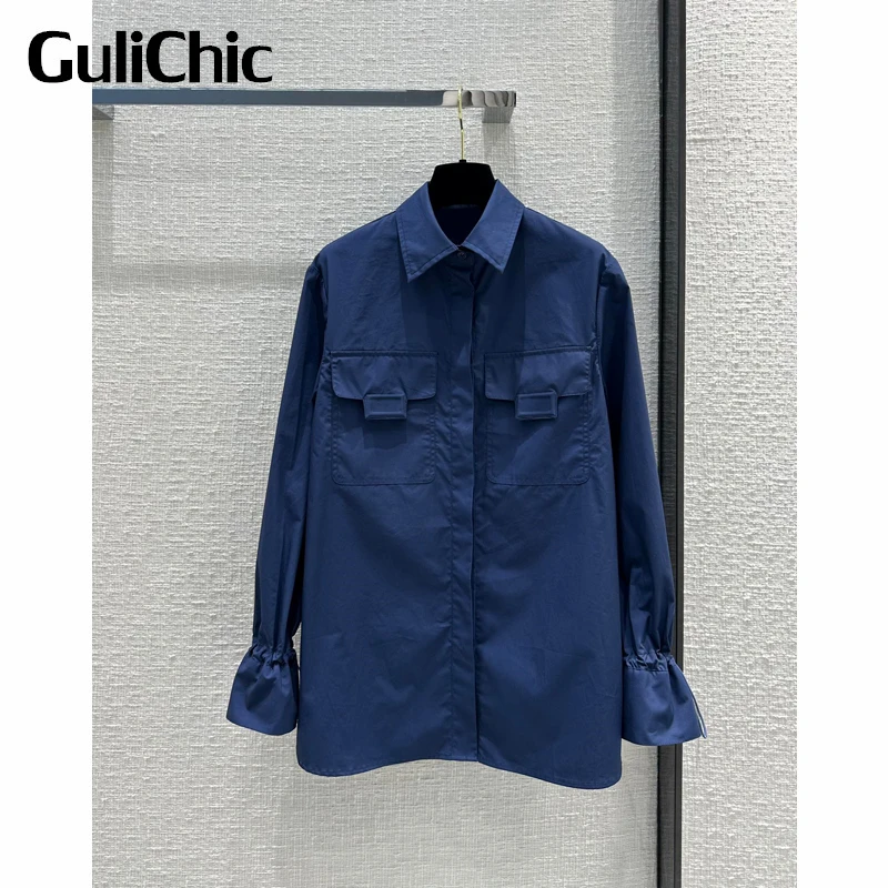 12.19 GuliChic Women Solid Color Comfortable Drawstring Long Sleeve Pocket Shirt