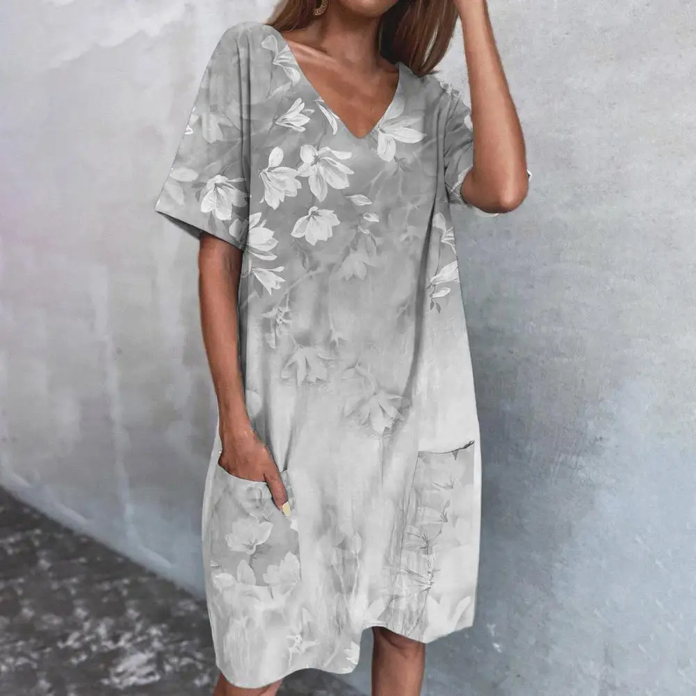 

Mid-calf Chic Flower Print Ladies Dress Loose Fit Ladies Dress Lightweight for Daily Life