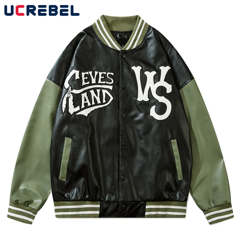 

Куртка мужская из искусственной кожи с контрастными панелями, уличная одежда, бейсбольная куртка с надписью, свободная повседневная верхня...