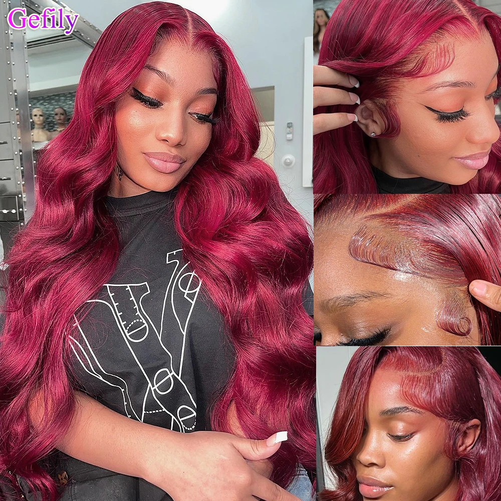 

Gefily 99j Body Wave 13x4 Burgundy Lace Front Wigs Human Hair Hd Lace Frontal Human Hair PrePlucked With Wine Red Wig 24inch XJ