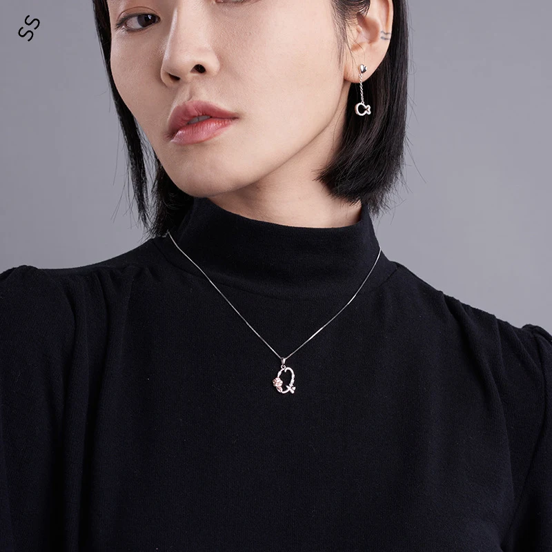 Inlaid Zircon Rose Flower 26 Letters Pendant Female Necklace Sterling Silver 925 Fashion Garment Accessories