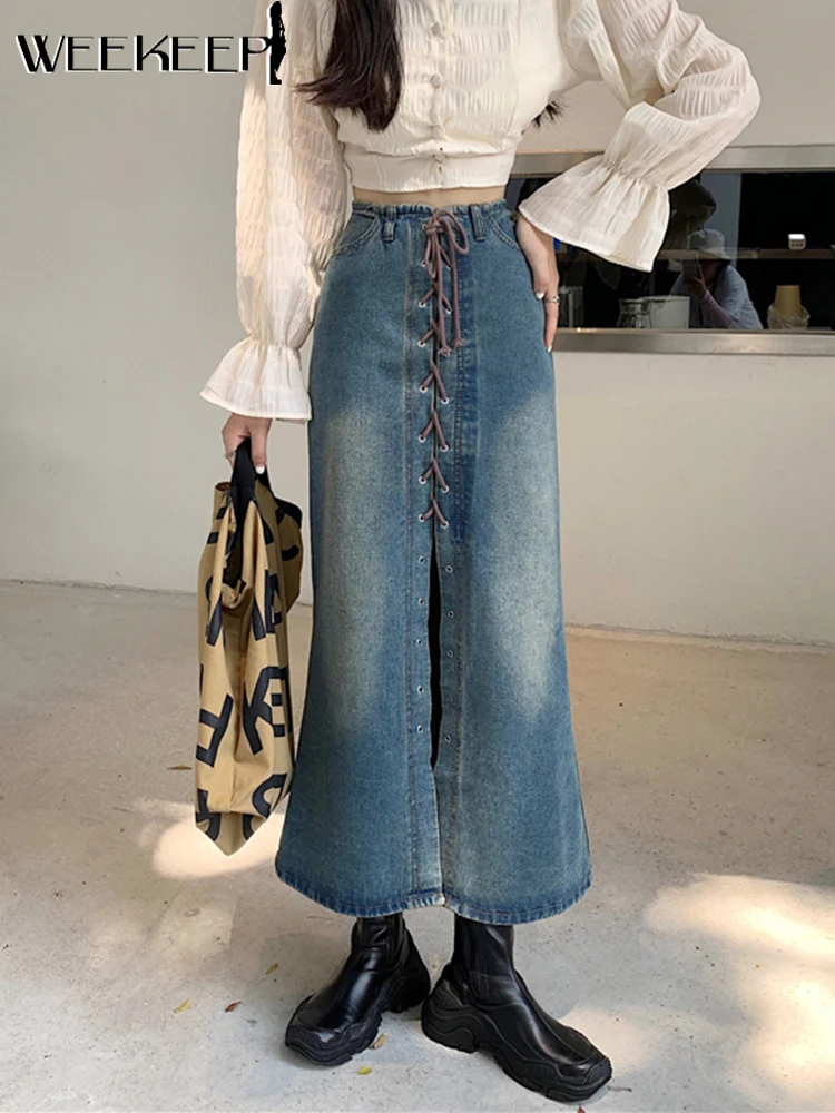 

Weekeep винтажные юбки джинсовые с разрезом повязки Высокая талия прямые миди юбки Y2k гранж уличная Harajuku Сексуальная 2022 женская одежда