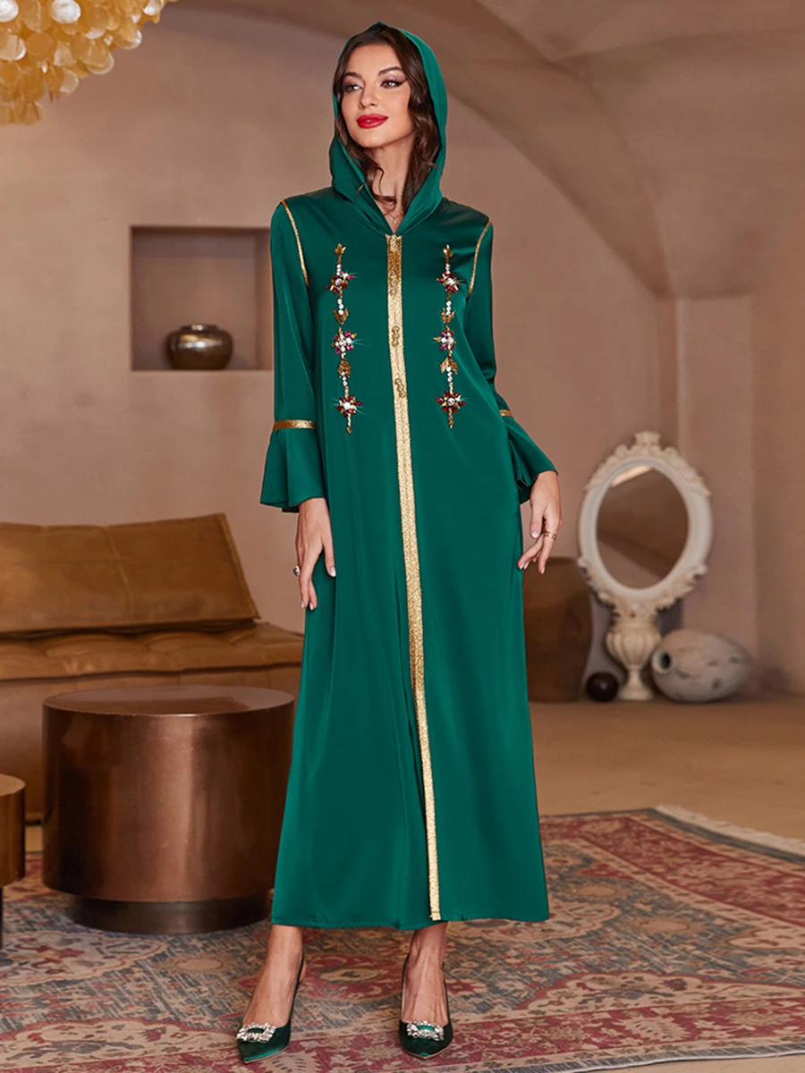 Women's Elegant Party Dresses Hoodie Flare Sleeve Urban Casual Robe Diamonds Button Design Muslim Kaftan Abaya Dubai