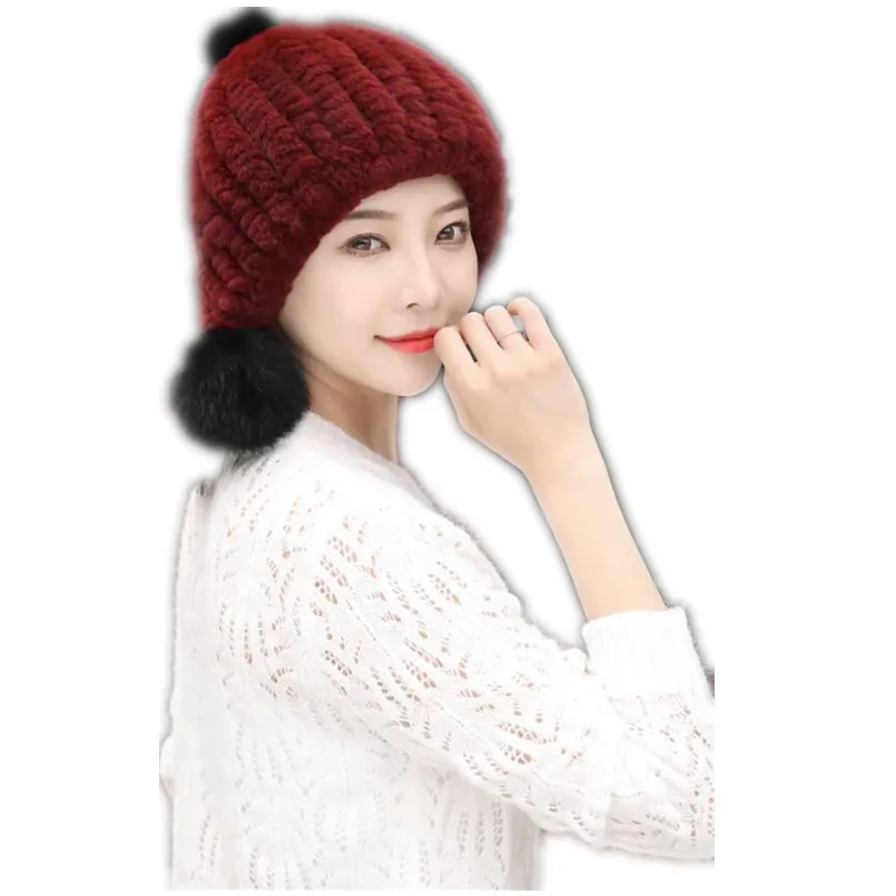 Winter Real Rex Rabbit Fur Hat With Earflap Warm Women Ladies Knitted Thick New Russian Cap