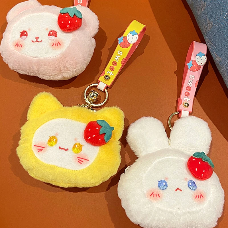 

Kawaii cute coin purse strawberry rabbit plush cartoon strawberry cat bear carry bag keychain small pendant gift for girls