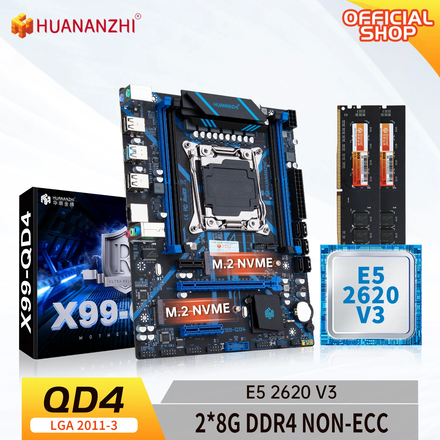 HUANANZHI X99 QD4 X99 Motherboard with Intel XEON E5 2620 V3 with 2*8G DDR4 NON-ECC Memory Combo Kit Set NVME USB 3.0