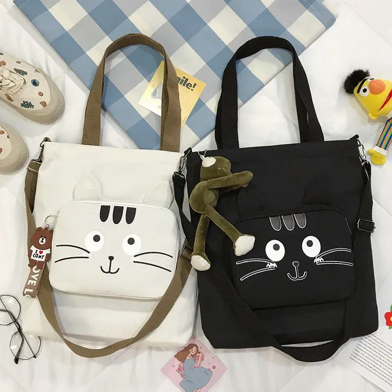 

Large-capacity Canvas Tote Bag with Cat Ears Messenger Bag Student Shoulder Bag Casual Large Shopping Bag School Bag