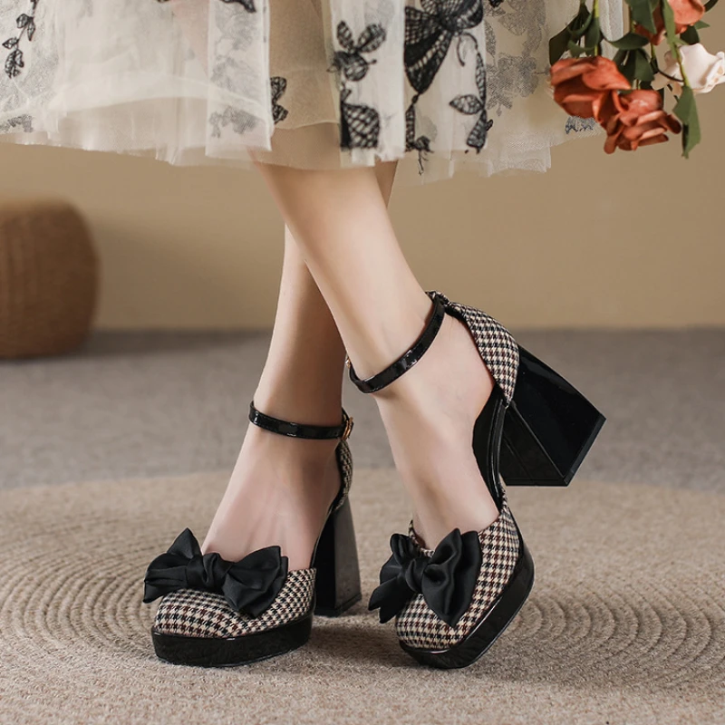 Sweet Bow Chunky Platform High Heels Mary Jane Sandals Women Square Toe Ankle Strap Elegant Heeled Pumps Wedding Shoes Ladies