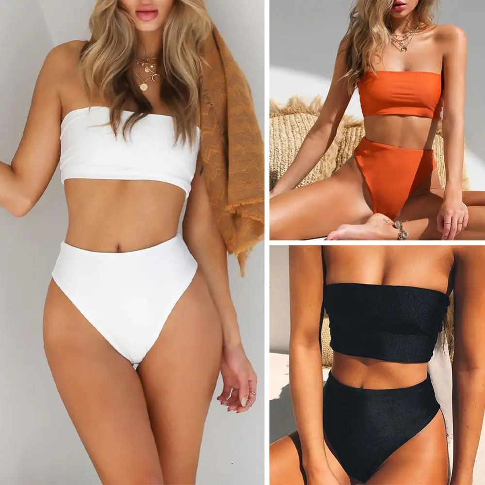 

Swimwear Solid Color High Waist Bikini Women Sexy Tube Top Bandeau Panties Set Swimwear