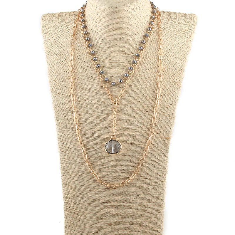 

RH Fashion Bohemian Jewelry 3 Layer Multiple White Glass Rosary Link & Chain Glass Ball Pendant Necklaces