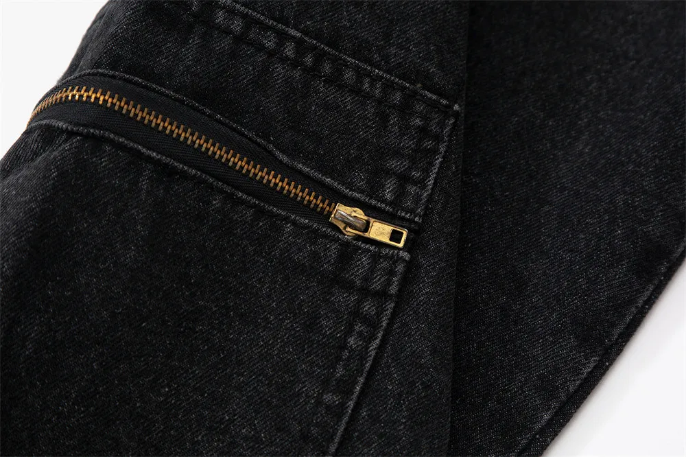 Zipper Multi-pocket Jeans Men's Ins Street Loose Straight Trousers Fashion Casual Wide-leg Denim Pants Oversized Retro Black