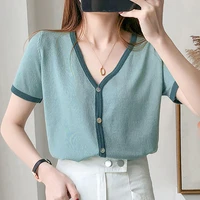 2022 summer new fashion knitting tops women v neck short sleeve slim thin t shirt female patchwork solid basic tee shirts femme