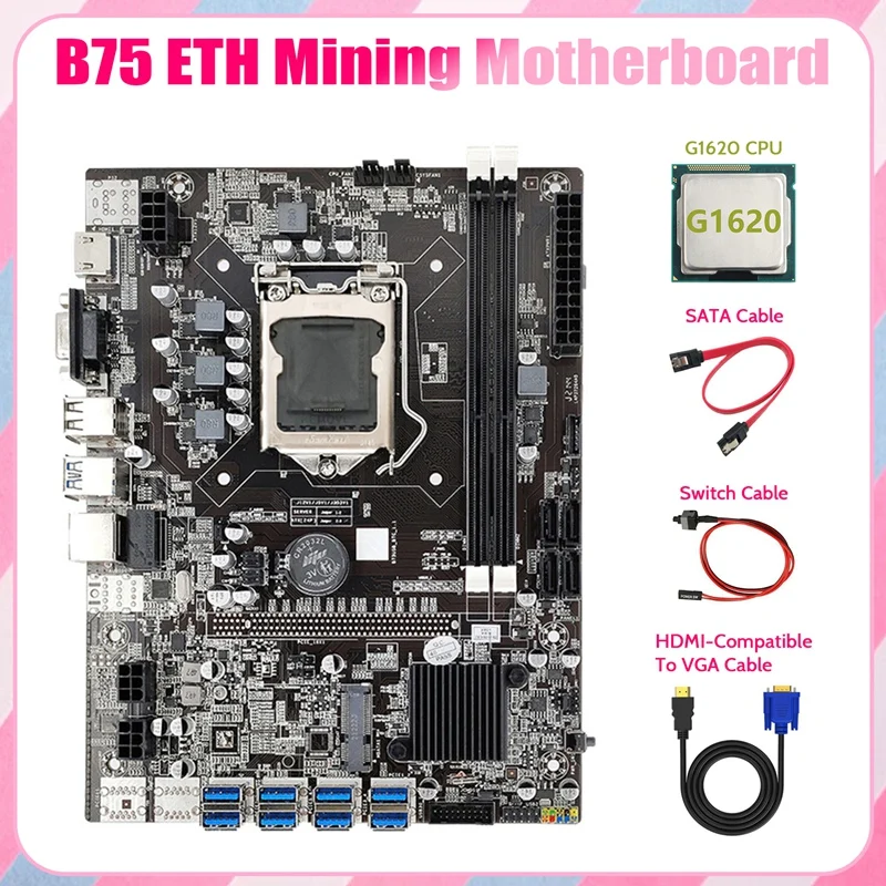 B75 ETH Mining Motherboard 8XPCIE To USB+G1620 CPU+HD To VGA Cable+SATA Cable+Switch Cable LGA1155 B75 USB Motherboard