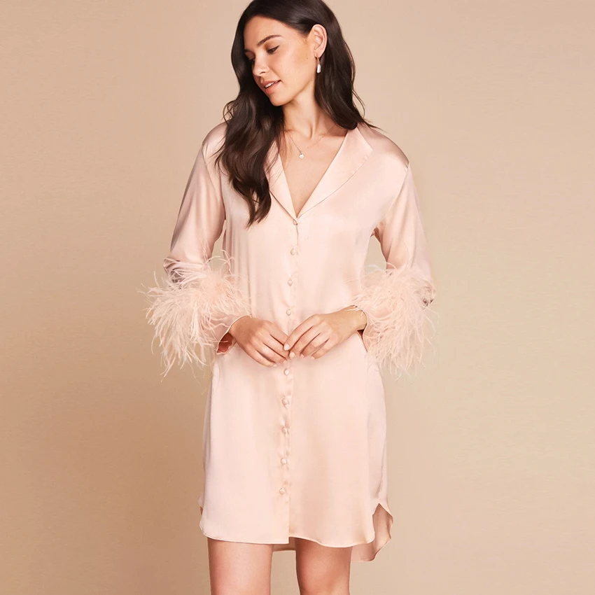 

Женская атласная ночная рубашка Restve с перьями и отложным воротником, домашнее платье с длинным рукавом, Женские Элегантные платья, Весенняя...