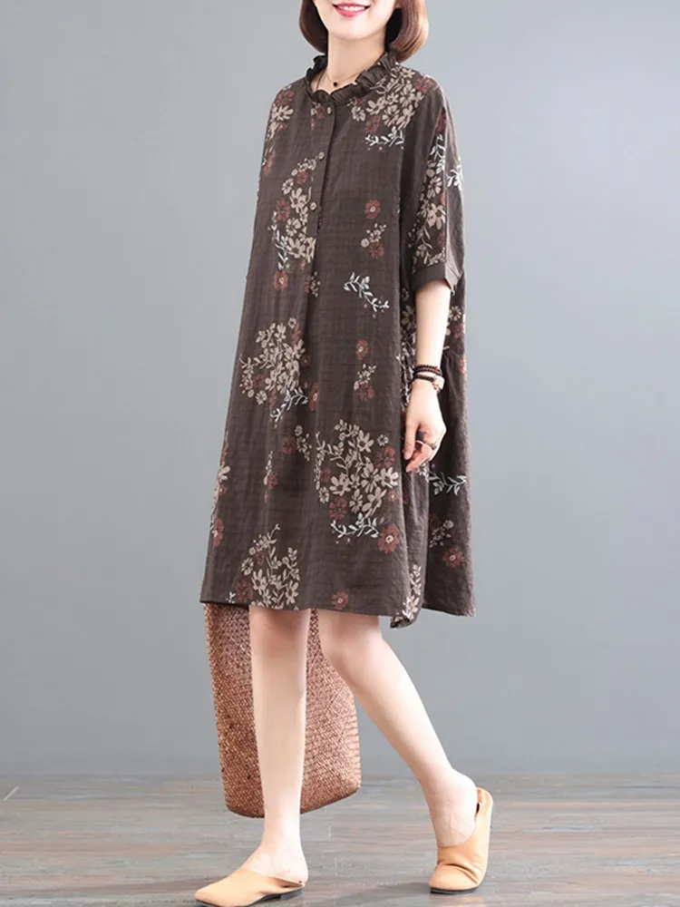 Женское Повседневное платье, Новое поступление 2023, летние свободные удобные хлопковые платья до колен в винтажном стиле с цветочным принтом, B2359