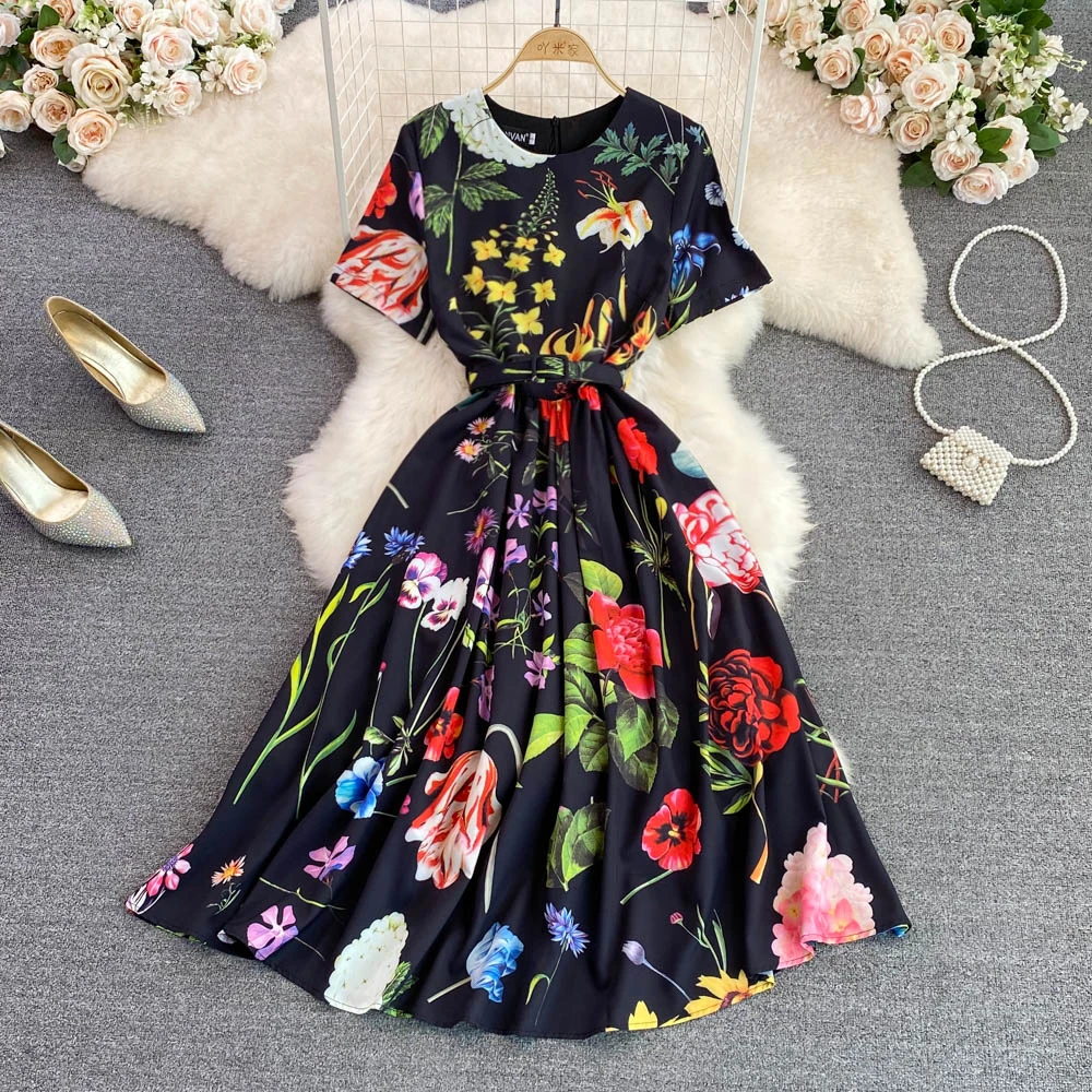 

Banulin 2022 Summer Runway O-Neck Short Sleeve Midi Dress Women Floral Print Office Lady Work One Piece Dress with Belt