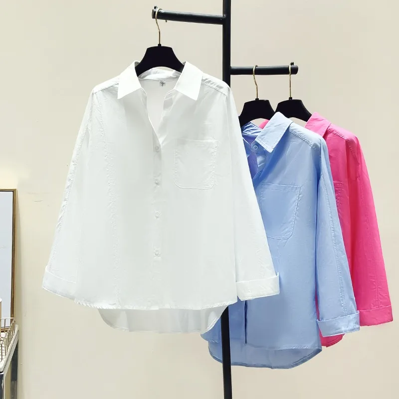 

Женская Офисная рубашка, модная Осенняя Повседневная однотонная Свободная рубашка, повседневная женская рубашка белого цвета, рубашки с длинным рукавом, одежда 28374
