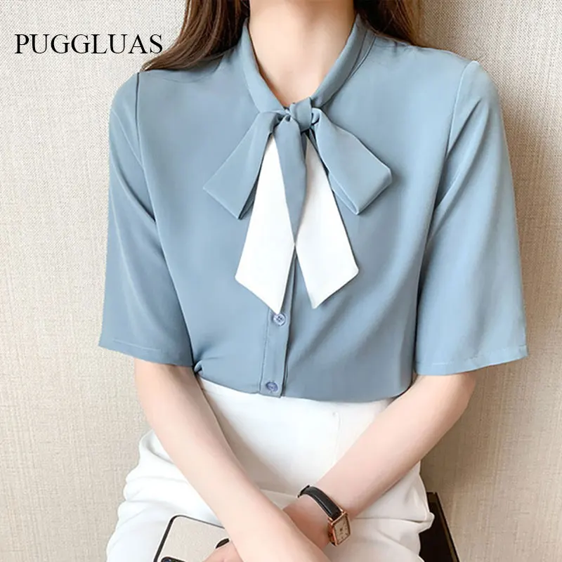 Fashion Office Lady Bow Blouse Elegant Female Shirt Tops Short Sleeve Casual Korean OL Style Loose Blouses Blusas Women Clothing