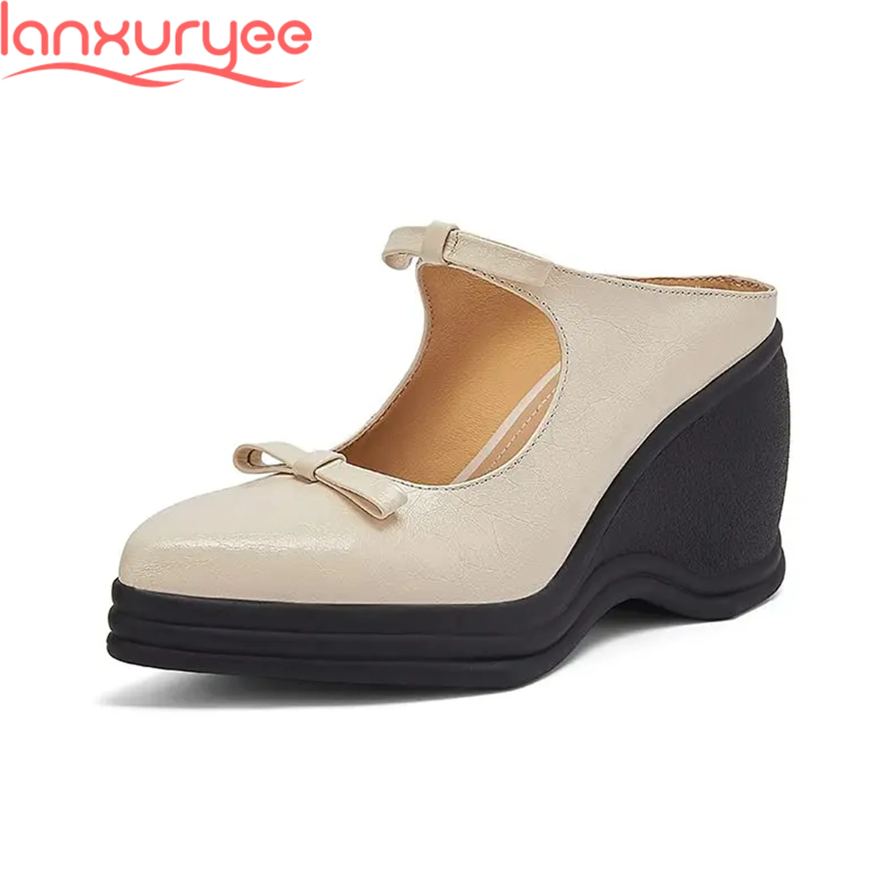 Туфли Lanxuryee женские из натуральной кожи без задника на танкетке с бантом-бабочкой