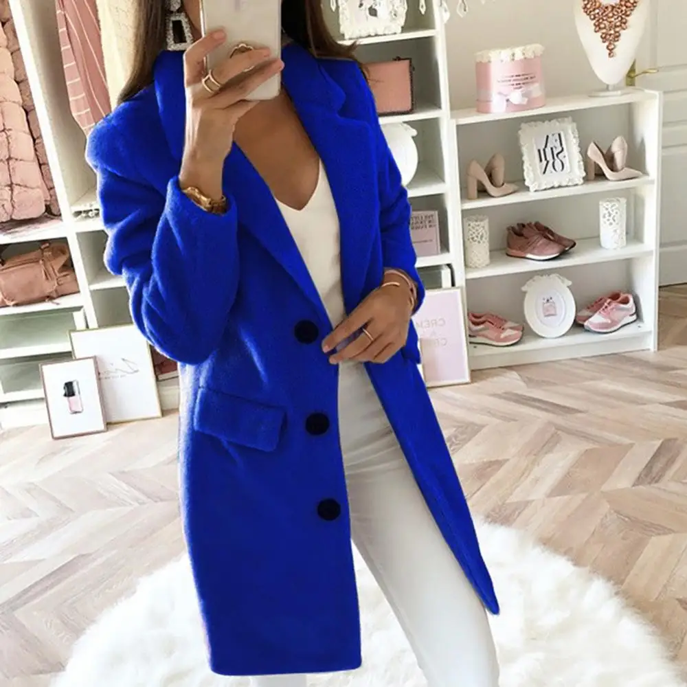 

Warm Casual Solid Color Women Coat Autumn Winter Jacket Open Front Long Lapel