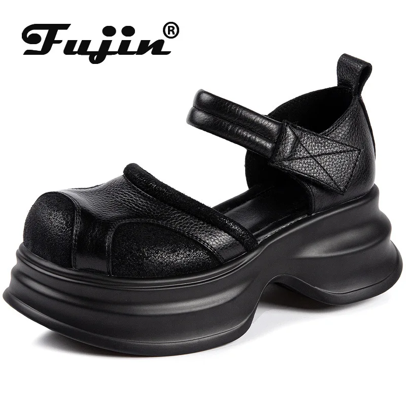 Женские босоножки на танкетке Fujin черные из натуральной кожи 6 см с круглым носком