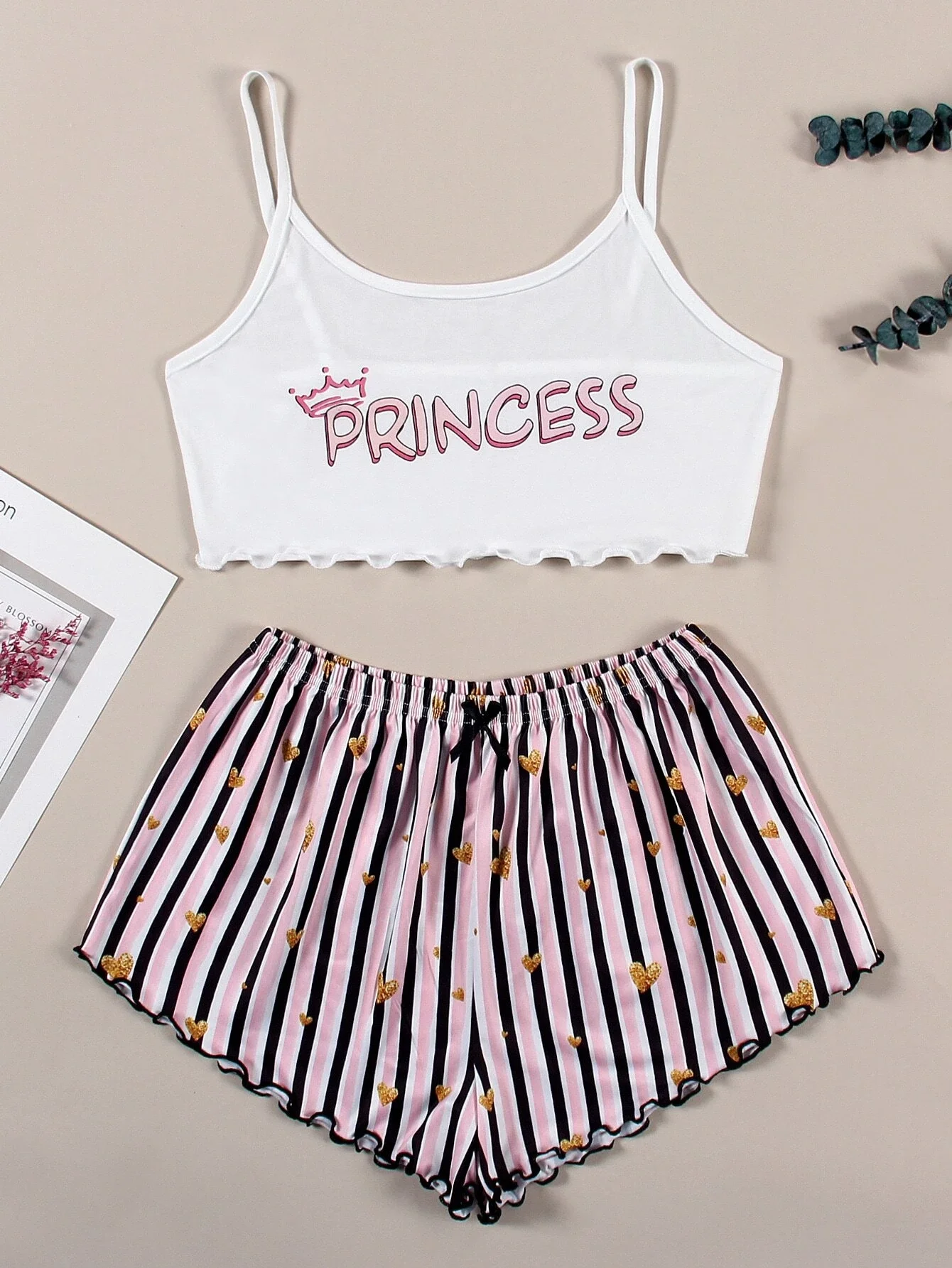 

Heart And Letter Graphic Lettuce Trim Cami Pajama Set