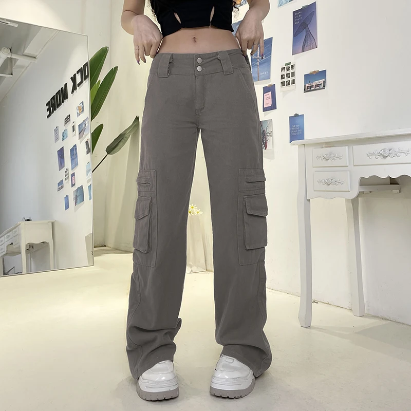 

WeiYao Solid Baggy Y2K Jeans Woman Low Waist Denim Cargo Pants Pockets Grunge Vintage Casual Loose Straight Korean Trousers
